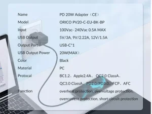 شارژر دیواری تایپ سی فست شارژ اوریکو ORICO PV20-C Charger 20W Type C PD QC 3.0