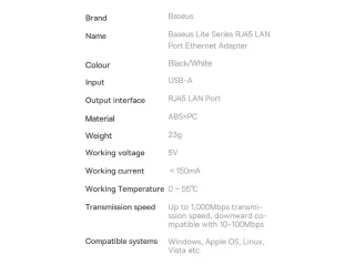 کابل تبدیل یو اس بی به پورت شبکه RJ45 LAN بیسوس Baseus Lite Series External Network Adapter RJ45 to USB WKQX000101 1000Mbps
