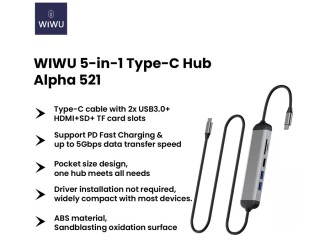 هاب تایپ سی 5 پورت با کابل 1.6 متری ویوو WiWU Alpha 521H 5 In 1 Type C Hub