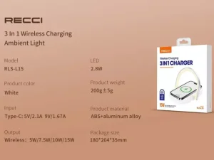 شارژر بی سیم و چراغ خواب رسی Recci RLS-L15 Wireless Charging 3-In-1 charger 15W
