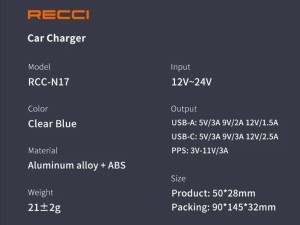 شارژ فندکی فست شارژ تایپ سی و یو اس بی 33 وات رسی Recci 33W Dual Ports Car Charger Transparent Design RCC-N17