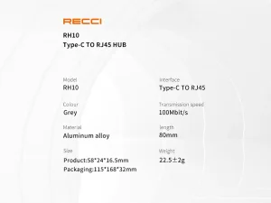 مبدل تایپ سی به پورت شبکه رسی Recci RH10 network port Type-c to RJ45 HUB