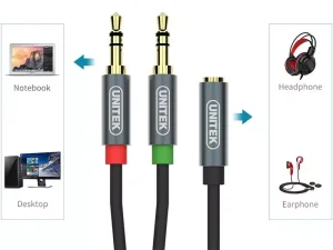 کابل انتقال صدای آی‌یو‌ایکس دو به یک 20 سانتی‌متری یونیتک Unitek Y-C957ABK 0.2M, 3.5MM AUX Audio Cable Female to 2 Male