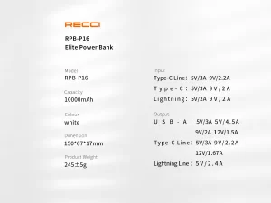 پاور بانک شارژ سریع 10000 رسی RECCI RPB-P16 10000mah power bank