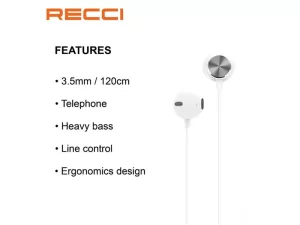 هندزفری سیمی با جک 3.5 میلی‌متری رسی RECCI REP-L01 In-Ear Wired Earphones