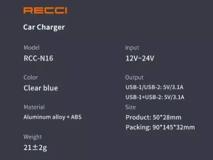 شارژر فندکی یو اس بی 15.5 وات رسی Recci 15.5W Dual Ports Car Charger Transparent Design RCC-N16
