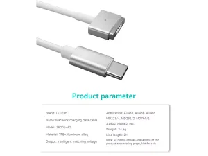 کابل شارژ و دیتای مک بوک تایپ سی به مگنتی 60 وات 2 متری کوتتسی Coteetci MacBook charging cable 16001-M2