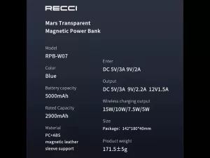 پاور بانک 5000 و شارژر مغناطیسی بی سیم آیفون با توان 20 وات رسی Recci wireless charging PD20W magnetic power bank RPB-W07
