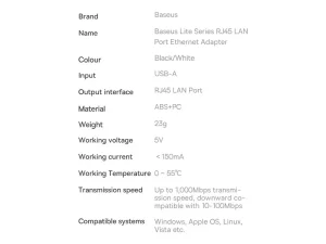 کابل تبدیل یو اس بی به پورت شبکه RJ45 LAN بیسوس Baseus Lite Series External Network Adapter RJ45 to USB WKQX000101 1000Mbps